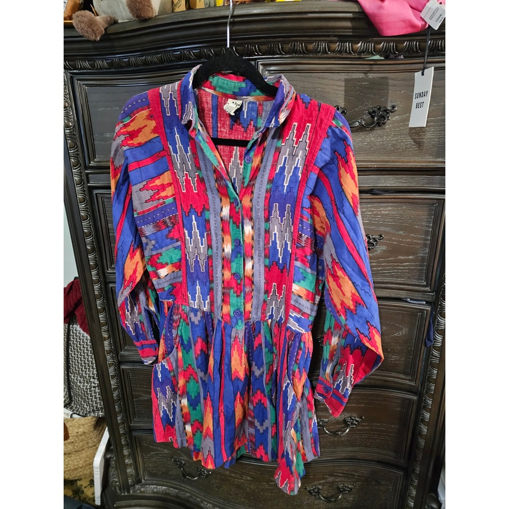 Vintage Adini Southwestern Ikat Print Cotton Tunic Top Red Blue Women Size P